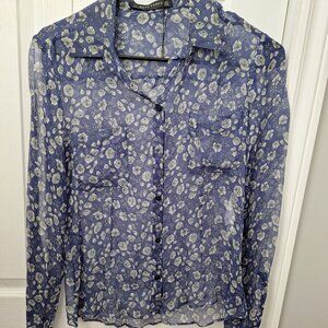 Zara 100% Silk Blue and White Sheer Floral Blouse